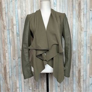 Blank NYC M Vegan Faux Leather Draped Asymmetric Zip Moto Jacket Olive Green